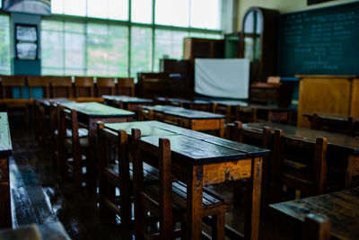 Empty chairs and tables in classroom