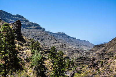 Scenic view of mountains against clear blue sky