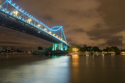 Illuminated bridge over river against sky at night