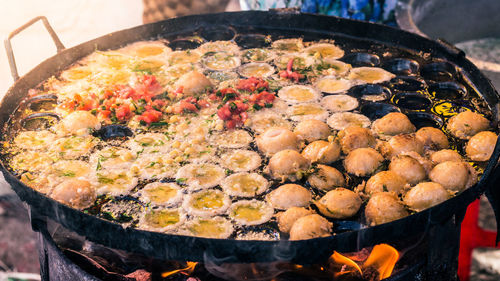 High angle view of meat in container