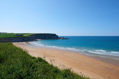 An unspoiled beach surrounded by vegetation on a beautiful summer day.