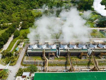 High angle view of smoke emitting from train at park
