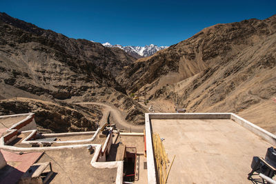 Scenic view of dam on mountain against sky