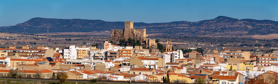 Aerial view of townscape against sky.
castillo de almansa, albacete. españa
castle of spain