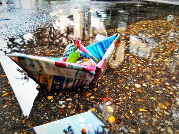 High angle view of paper floating on water