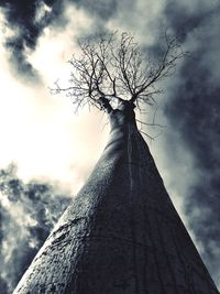 Low angle view of bare tree against cloudy sky