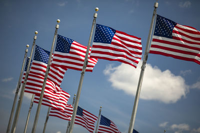 Low angle view of flag flags against sky