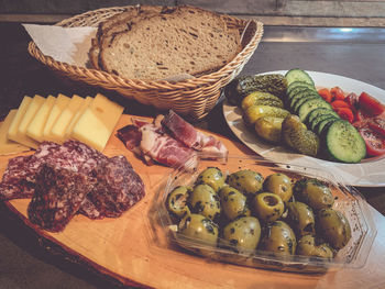 High angle view of breakfast served on table