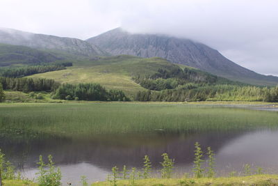 Scenic view of lake against mountain in foggy weather