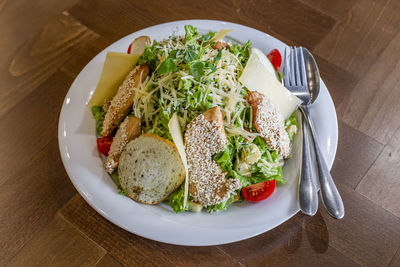High angle view of breakfast served on table