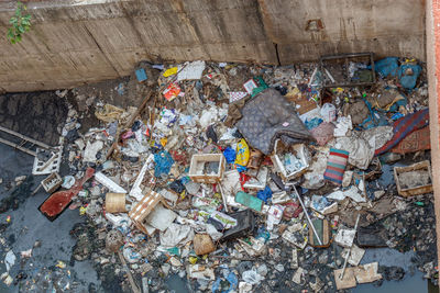 High angle view of garbage on metal