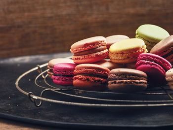 Close-up of colorful macaroons on table
