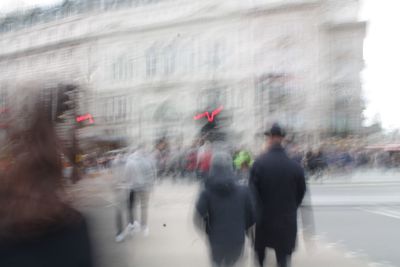 Blurred motion of people walking in city