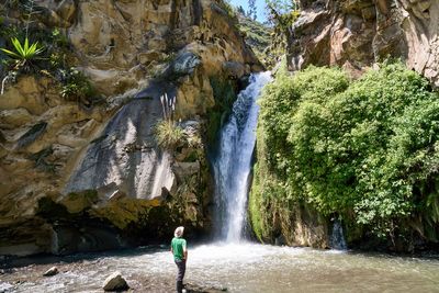 Rear view of man standing against waterfall