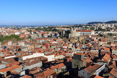 High angle shot of townscape against clear blue sky