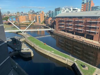 High angle view of river amidst buildings in city