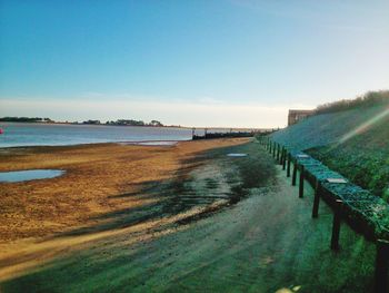 Scenic view of beach against clear blue sky