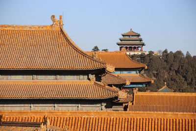 Exterior of temple against clear blue sky