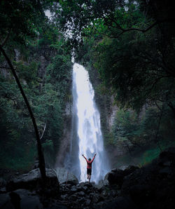 Woman standing by waterfall in forest