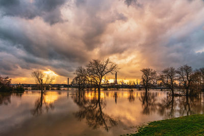 Flood on the rhine, germany. chempark dormagen in the background.