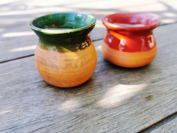 High angle view of drink in jar on table