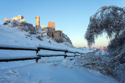 Snow covered landscape against sky