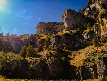 Low angle view of rock formations against sky