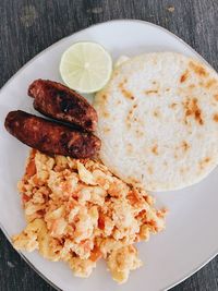 High angle view of breakfast served on table