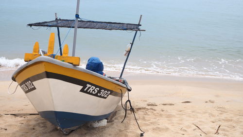 Rear view of man sitting on beach