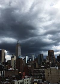 City skyline against cloudy sky