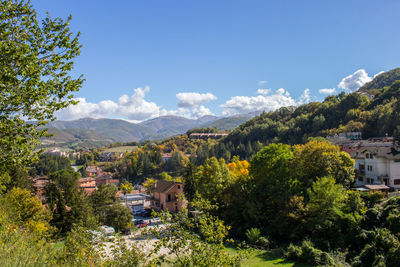 Trees and townscape against sky