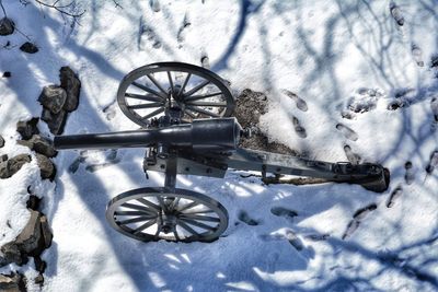 High angle view of snow covered field