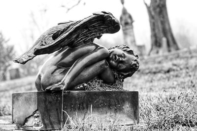 Close-up of angel statue on cemetery