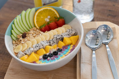 High angle view of breakfast served on table