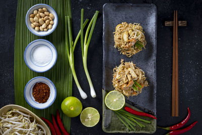 High angle view of various vegetables on table