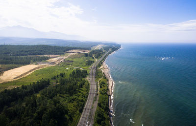 Trans-siberian railroad from aerial view. baikal lake shore