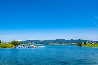 Scenic view of sea against blue sky