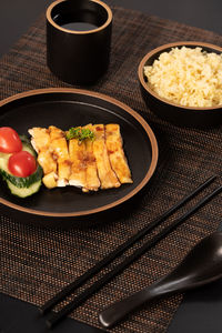 High angle view of food in bowl on table