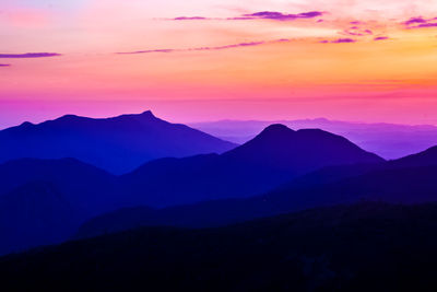 Scenic view of mountains against sky at sunset