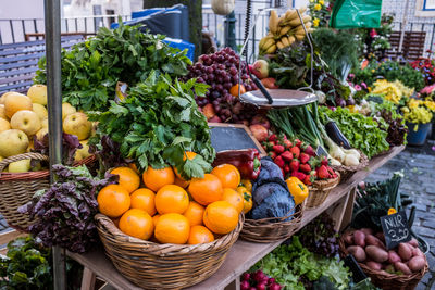 Fruits and vegetables for sale at market stall