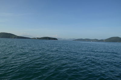 Scenic view of sea against clear blue sky