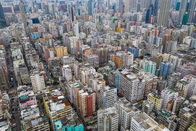 High angle view of modern buildings in city