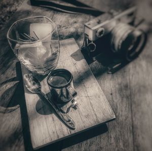 High angle view of glasses on table