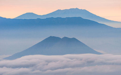 Scenic view of snowcapped mountains against sky during sunset