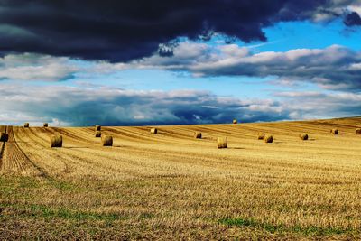 Hay bales on field against sky