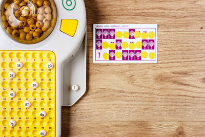 High angle view of multi colored candies on table