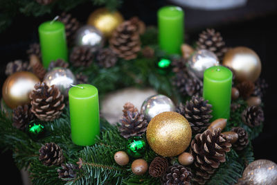 High angle view of christmas decorations on table