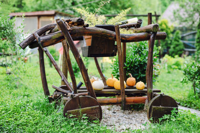 View of abandoned cart on field