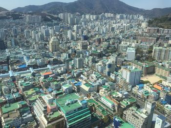 High angle view of modern buildings in city