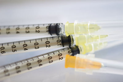 Close-up of syringes against white background